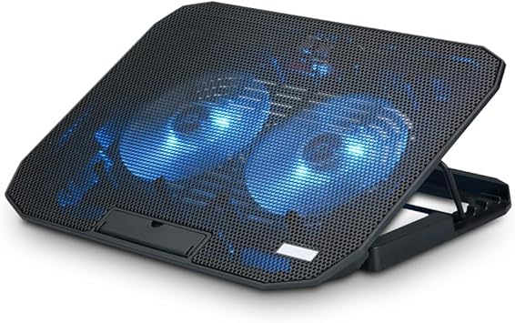 NK Base Refrigeradora Portátil - Ventilador Ordenador Portatil de 12-17" con Soporte Ajustable 5 Alturas, 2 Ventiladores Silenciosos, 2 Puertos USB, Refrigeración Rápida, Luz LED Azul - Color Negro