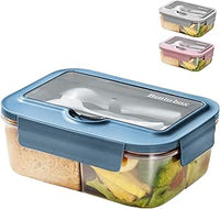 BRYN Fiambrera con compartimentos, 1400 ml, apta para microondas, fiambrera sellada con cubiertos para picnic, camping, fitness, escuela, oficinas (azul)