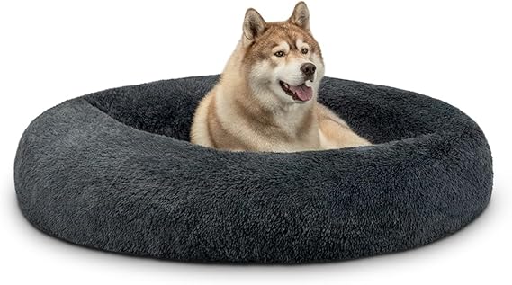 lionto Cama Tipo Donut para Perros y Gatos, Cama Redonda mullida para Mascotas pequeñas y Grandes, Ø 120 cm, cojín Suave de Felpa esponjosa con Relleno Extra Grueso, Gris Oscuro