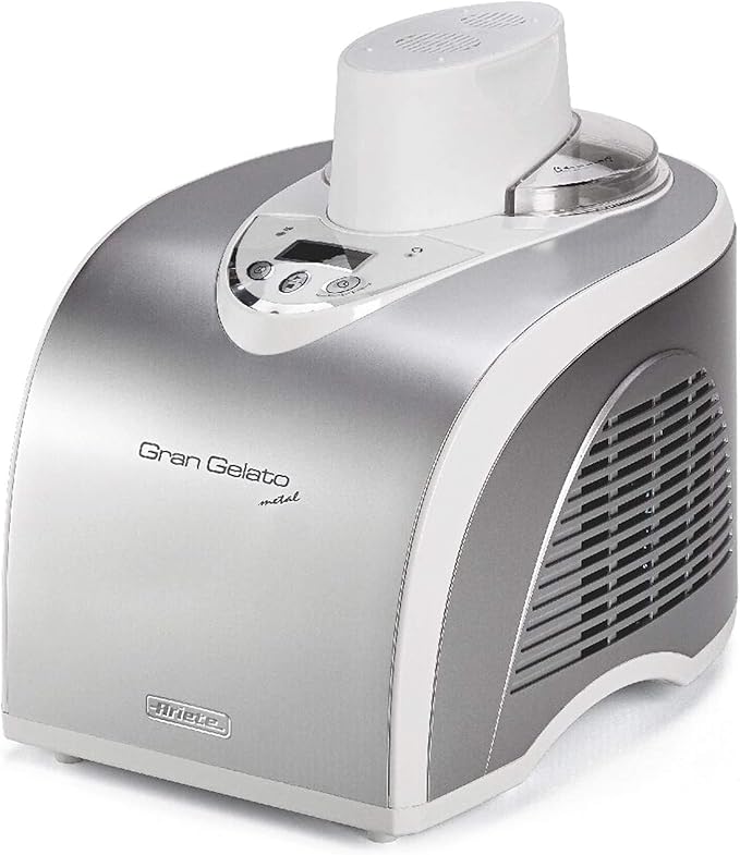 Ariete 693 Heladera Gran Gelato, Máquina para hacer Helados Autoenfriante de Metal con Compresor, 135 W, Cesta extraíble de 1 L, Helados aRrtesanales y Sorbetes, Pantalla LCD, Blanco Plateado