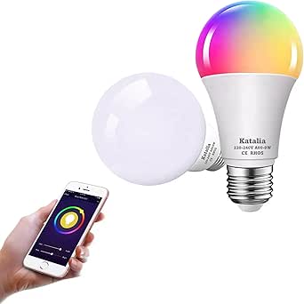 Katalia Bombilla Inteligente E27 9W RGB WiFi Pack 2 Bombillas Inteligentes Control Remoto Alexa Google Assistant y apps Tuya SmartLife Ajuste Brillo y Color Escenas Personalizables Temporizador
