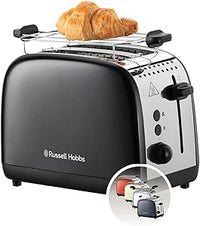 Russell Hobbs Tostadora Colours Plus, 2 Ranuras Cortas y Anchas, Tostador para 2 Rebanadas, Bandeja Recogemigas, Calientapanecillos, Función Cancelar y Descongelar, Acero Inoxidable, Negro, 26550-56