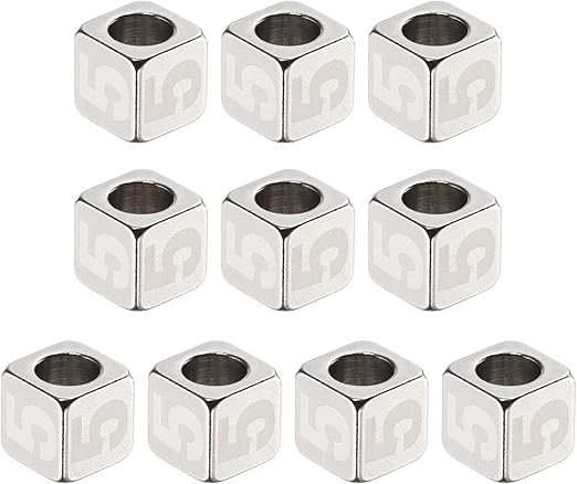 sourcing map 10 cuentas de acero inoxidable con número 5, cubos plateados, metálicos, grandes, cuadrados, para joyas, pulseras, collares, aretes