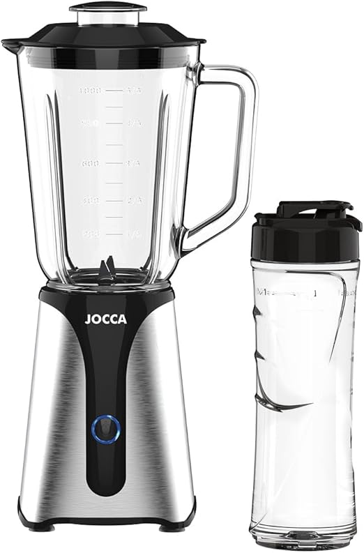 JOCCA - Batidora de Vaso de Cristal con Botella de Viaje/Potencia 350W, Licuadora/Jarra 1L y Botella de 600Ml/ Luz LED, Tapa Extraible, Cuchillas de Acero Inoxidable (Jarra + Botella 350W)