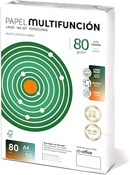 Folios A4 80gr 50 hojas, Papel Multiusos para Impresora Laser y de Inyección, Fotocopiadora, Fax, Para uso Oficina, Material Escolar, Paquete folios m-office (50 hojas, 80gr)