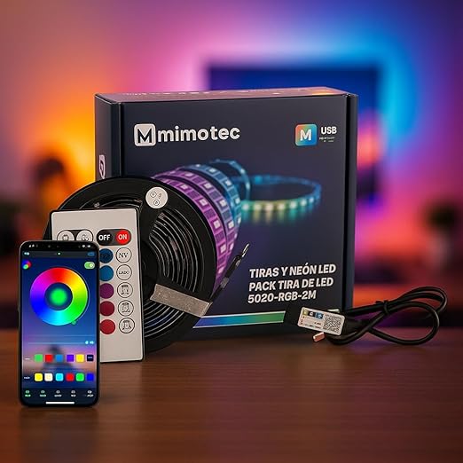 M mimotec - Tira LED USB 5V RGB, Luz LED Habitación 2 metros con adhesivo, Control Musical con App, Multicolor Regulable en intensidad, Súper Brillante LED Tira para Fiestas, MI5503