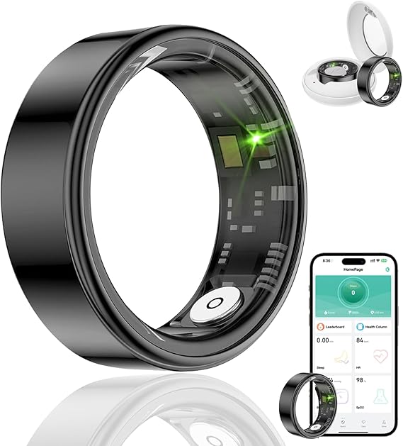 HPLSZCN Anillo Inteligente para Hombre y Mujer con Estuche de Carga, Modo multideportivo, podómetro, frecuencia cardíaca, SpO2, sueño, Resistente al Agua IP68, Monitor (Amarillo, 15)