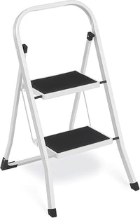 SONGMICS Escalera de Tijera, Escalera con 2 PeldaÑos, PeldaÑo Plegable, Bloqueo de Seguridad, FÁcil de Guardar, Carga hasta 150 kg, Blanco Simple GSL12WT