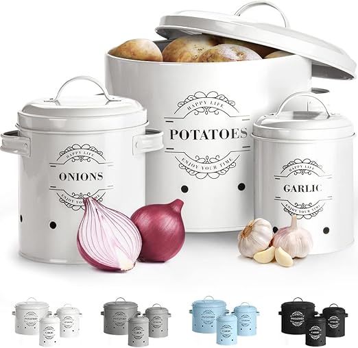 VirklyeeTarros de patatas Tarro de cebolla Tarro de ajo Juego de 3 Frascos de almacenamiento para frutas y verduras Tanque de almacenamiento de metal Botes para alimentos (Azul o2)