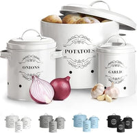VirklyeeTarros de patatas Tarro de cebolla Tarro de ajo Juego de 3 Frascos de almacenamiento para frutas y verduras Tanque de almacenamiento de metal Botes para alimentos (Azul o2)