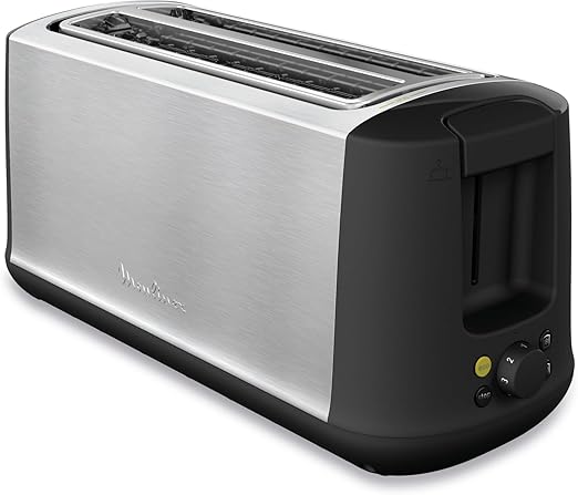 Moulinex Subito Select Tostadora, 2 ranuras largas, 7 niveles de tostado, descongela, recalienta, función ECO, exterior acero inoxidable, bandeja recogemigas extraíble, palanca elevadora, Negro