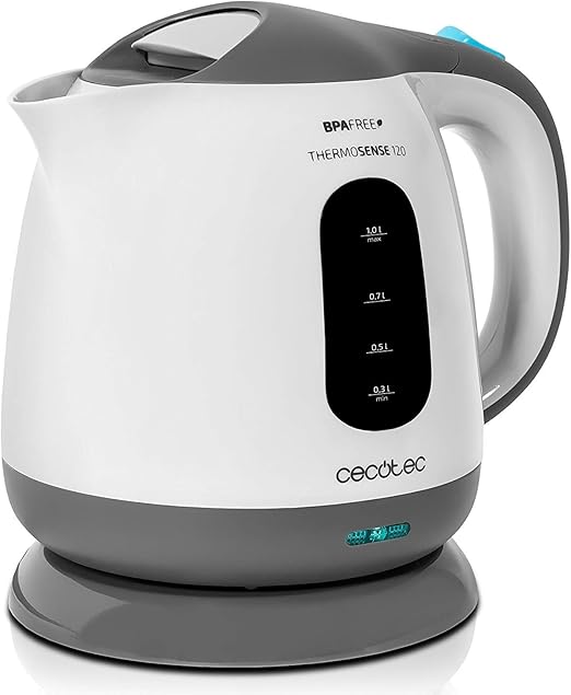 Cecotec Hervidor de Agua Eléctrico ThermoSense 120. 1 Litro, Libre de BPA, 1100 W de Potencia, Base 360º, Filtro Antical Desmontable, Doble Sistema de Seguridad, Plástico