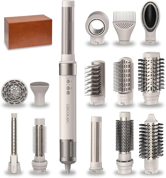 Cecotec Cepillo de Aire Caliente Secador Moldeador Alisador 14 Cabezales Tecnología Coanda CeramicCare 14in1 AirGlam Champagne. 1400W, Motor Digital, Elimina el Frizz, 3 Temperaturas
