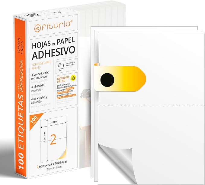 Etiquetas Adhesivas Blancas, Crea tus Pegatinas Personalizadas para cualquier Superficie, Papel A4 Adhesivo Seguro, Etiqueta Adhesiva para Imprimir - Ofituria (2 por hoja, 100h)
