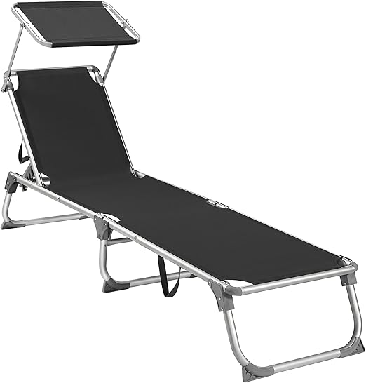 SONGMICS Tumbona, Tumbona Reclinable, 193 x 55 x 31 cm, Carga de 150 kg, con Protección Solar y Respaldo Reclinable, para Terraza, Piscina, Jardín, Negro GCB019B01