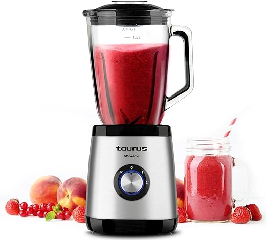 Taurus Amazing -JB1502XC Batidora de vaso  1500W, Jarra de cristal de 1,5L , 2 velocidades + Turbo, 4 cuhicllas de acero inoxidable, Pica hielos, Sistema de seguridad integrado, Apto lavavajillas
