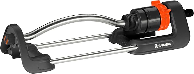 Gardena Aspersor oscilante Aqua S, aspersor para regar Superficies de Entre 90-220 m2, Radio de Alcance 7-17 m, Amplitud de riego máx. 13 m, Color Negro/Anaranjado metálico, 90 m2 - max. 220 m2