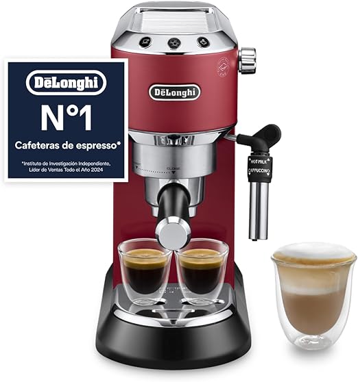 De'Longhi Dedica - Cafetera de Bomba de Acero Inoxidable para Café Molido o Monodosis, Cafetera para Espresso y Cappuccino, Depósito de 1.3 Litros, Sistema Anti-goteo, EC685.R, Rojo