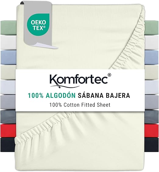 Komfortec Sábana Bajera Ajustable (200 x 200 cm, 100% algodón), Color Crudo
