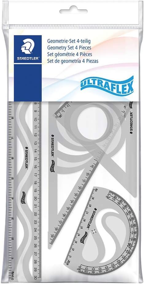 STAEDTLER Geometrie-Set, Ultraflexibel, 4-teilig, mit Lineal, Winkelmesser und Zeichendreiecken, 569PB4UF-S