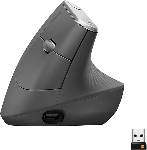 Logitech MX Vertical Ergonomiczna mysz dla wielu urządzeń, bezprzewodowa Bluetooth lub 2,4 GHz z USB Unifying, optyczne śledzenie 4K DPI, 4 przyciski, szybkie ładowanie, PC/Mac/iPad - Czarny