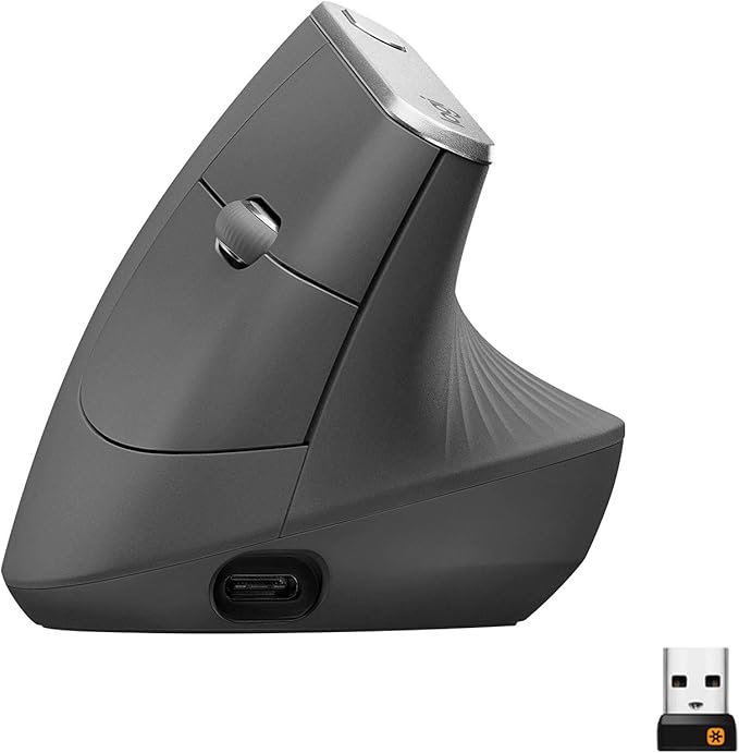 Logitech MX Vertical Ratón Inalámbrico Ergonómico, Multi-Ordenador, 2,4 GHz/Bluetooth con Receptor Unifying USB, Seguimiento Óptico 4000 dpi, 4 Botones, Carga Rápida, Portátil/PC/Mac/iPad OS - Gris