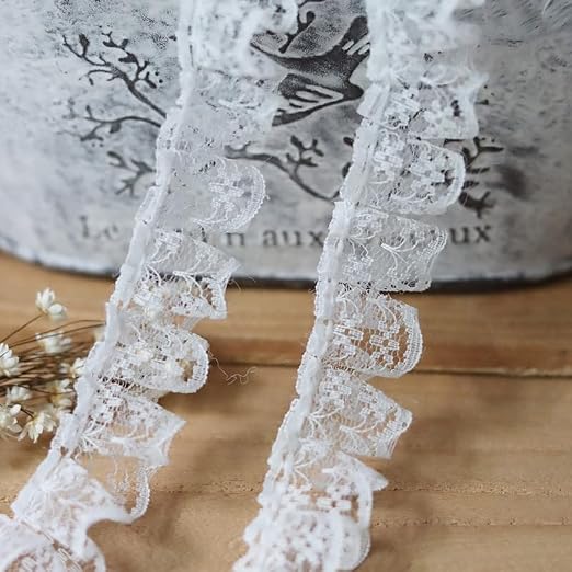 Cinta plisada de organza blanca de 10 metros con borde de encaje fruncido, 2 cm de ancho, estilo vintage, ribetes de tela bordada, apliques de costura, manualidades, boda, vestido de novia, decoración