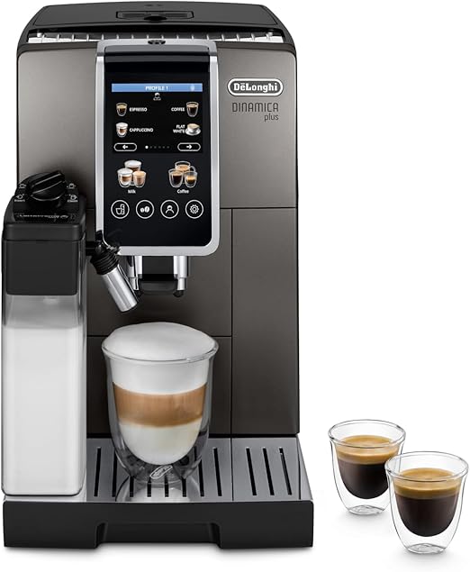 De'Longhi Dinamica Plus ECAM380.95.TB Cafetera Automática con LatteCrema Sistema de Leche, One-Touch Cappuccino, con 24 Recetas, Pantalla TFT a Color de 3.5 Pulgadas, 1450 W, Titanio/Negro