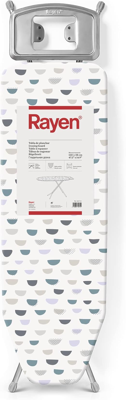 Rayen | Tabla de Planchar - Gama Basic | Altura Regulable | Malla Metálica | Reposa-Planchas | Estructura Gris y Funda Estampado Blanco | Medidas: 120 x 38 cm