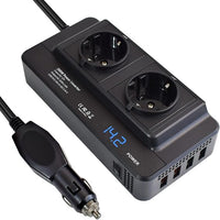 Inversor de Corriente 200W Convertidor Transformador 12V a 220V Onda Modificada Cargador Adaptador Mechero Coche a Enchufe con 2 AC Salidas, 4 Puertos USB y Pantalla Digital