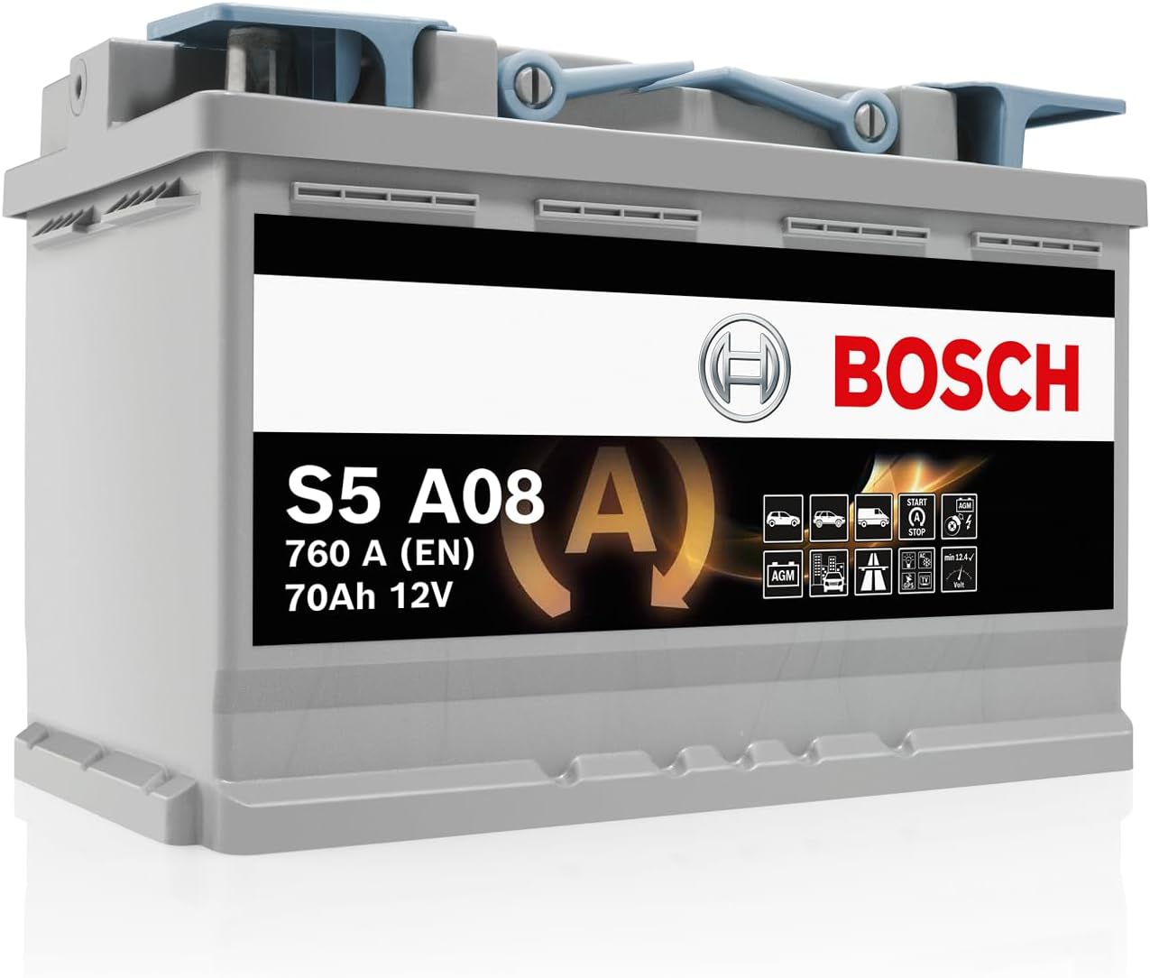 Bosch S5 A08 Batería para Coche 70 A/h - 760 A - 12 V, AGM de Plomo-Ácido para Vehículos con Sistema Start/Stop, Polaridad Izquierda (-) Derecha (+), para Autos con Alta Demanda Eléctrica