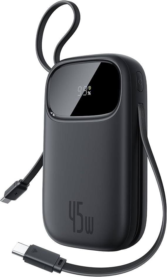 Baseus Powerbank 45W 20000mAh con 2 Cables USB-C Integrados, Power Bank PD3,0 QC4,0 Baterías Externas Carga Rapida, 3 C 1 A, Cargador Portátil para iPhone 17/16/15 Pro MAX, Samsung, Negro