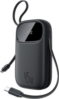 Baseus Powerbank 45W 20000mAh con 2 Cables USB-C Integrados, Power Bank PD3,0 QC4,0 Baterías Externas Carga Rapida, 3 C 1 A, Cargador Portátil para iPhone 17/16/15 Pro MAX, Samsung, Negro