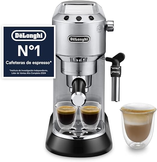 De'Longhi Dedica - Cafetera de Bomba de Acero Inoxidable para Café Molido o Monodosis, Cafetera para Espresso y Cappuccino, Depósito de 1.3 Litros, Sistema Anti-goteo, EC685.M, Metal