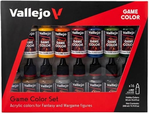 Vallejo Game Color Set de Pintura Acrílica Introduction. Kit de 16 Colores de Acabado Mate y Metalizado en Botellas de 17 Ml con Cuentagotas. Estuche de Iniciación para Figuras de Fantasía y Wargame