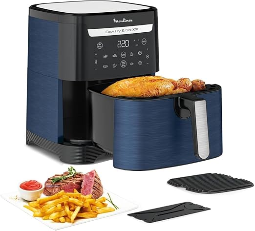 Moulinex Easy Fry XXL 6,5 L - Freidora de Aire 2 en 1 para Freír o a la Parrilla, con Poco o Sin Aceite, l, 8 Programas, Comidas Sanas, Gran Capacidad, Hasta 8 personas, Azul, EZ8014