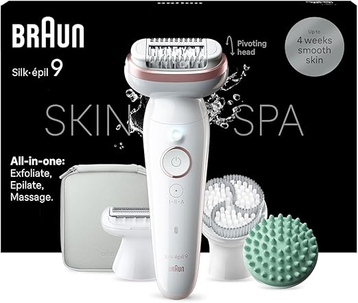 Braun Silk-épil 9 SkinSpa - Set todo en uno, depiladora para mujer, depiladora de larga duración, cabezal de afeitado, cabezal de masaje, color blanco y rosa
