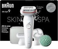 Thumbnail for Braun Silk-épil 9 SkinSpa - Set todo en uno, depiladora para mujer, depiladora de larga duración, cabezal de afeitado, cabezal de masaje, color blanco y rosa