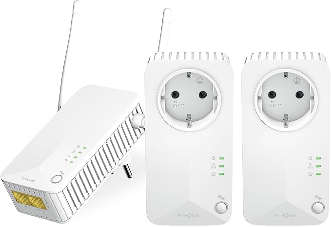 STRONG - Kit Powerline - Triple Toma PLC - PLC 600 Mbps + PLC WiFi 300 Mbps - Compatible Box/Router - 1 Puerto Ethernet + Enchufe Filtrado - Instalación Plug & Play - Alta Velocidad - Blanco