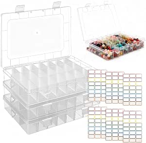 3 Pcs Caja Organizadora de Plástico Transparente con 24 Compartimentos Ajustables 19.8x13.4x3.8cm Organizador de Hilos Cuentas Joyas Tornillos Caja Clasificadora Apilable para Bricolaje +144 Etiquetas