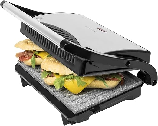Cecotec Parrilla Eléctrica Rock?nGrill. 700 W, Revestimiento de Piedra RockStone, Máxima Antiadherencia y una Mejor Limpieza, Asa de Tacto Frío, Superficie 23 x 14.5 cm, Acero y Negro