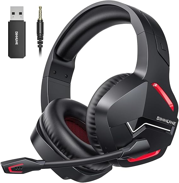 BINNUNE BW01 Cascos Gaming Inalambricos, Auriculares Gaming Inalambricos de 2.4G para PS5, PS4, PC, NS, Sonido Estéreo 7.1 Auriculares con Microfono, Cascos PS5 con Dongle USB, Duración 120Hr+, Roja