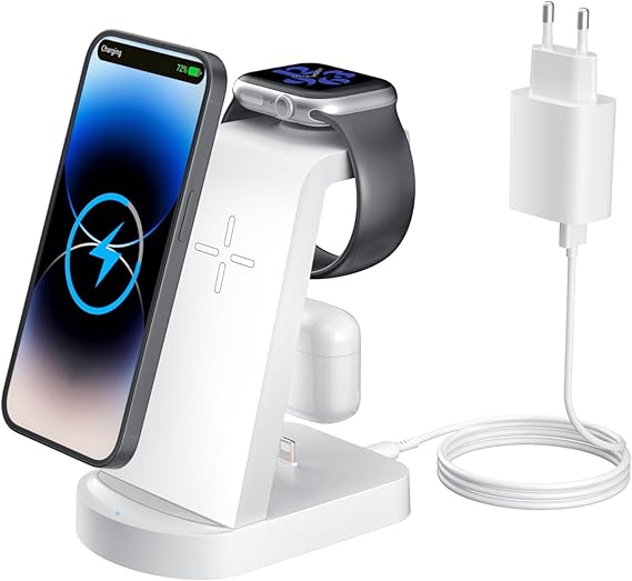 Cargador inalambrico,INNISTO Cargador inalambrico con 18W Adaptador,estacion de Carga Compatible con iPhone 16/15/14/13/12 Pro/Pro MAX,Apple Watch Ultra/10/9/8/7/SE/SE2/6/5/4/3/AirPods321/Pro1 Blanco