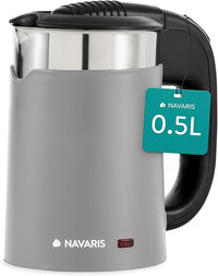 Navaris Hervidor Agua Electrico Pequeño 0,5 Litros - Travel Kettle Electrica 1100 W de Bajo Voltaje - Incluye 2 Tazas para Camping - Mini Hervidor de Agua 16 x 11 x 17 cm