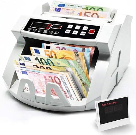 Contador de dinero portátil y detector de billetes falsos con doble pantalla led