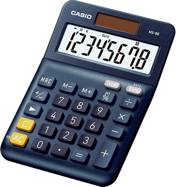Casio, MS-8E, Calculadora de Escritorio con Pantalla Extra-Grande de 8 dígitos, Azul, alimentada por energía Solar/batería, con cálculo de Porcentaje avanzado