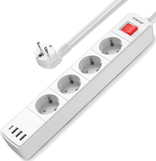POWSAF regleta de enchufes de 4 Tomas con 4 Puertos USB, Máx. 4000W y 16A, con Toma USB-C, Montaje en Pared, Interruptor, para teléfonos Inteligentes, portátiles, Blanco.
