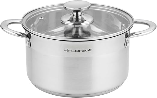 FLORINA Olla Acero Inoxidable (6 l) I 24 cm de Diámetro I Olla Ahorradora de Energía FALCON I Olla con Tapa de Vidrio y Escala Medidora I Todos los Tipos de Cocinas I Apta para Lavavajillas