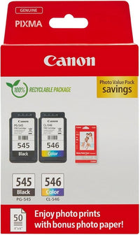 Canon Pack Encre & Papier - PG-545/CL-546 Cartouches d'encre Authentique pour imprimante 2 Packs (1 x Noir, 1 x Couleur) & Papier Photo 4x6 (50 x Feuilles)