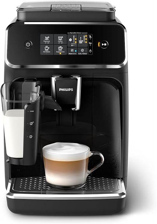 Philips Serie 2200 Cafetera Superautomática - Sistema de Leche LatteGo, 3 Variedades de Café, Pantalla Táctil Intuitiva, Negro Brillo EP2231/40 Clase de eficiencia energética A